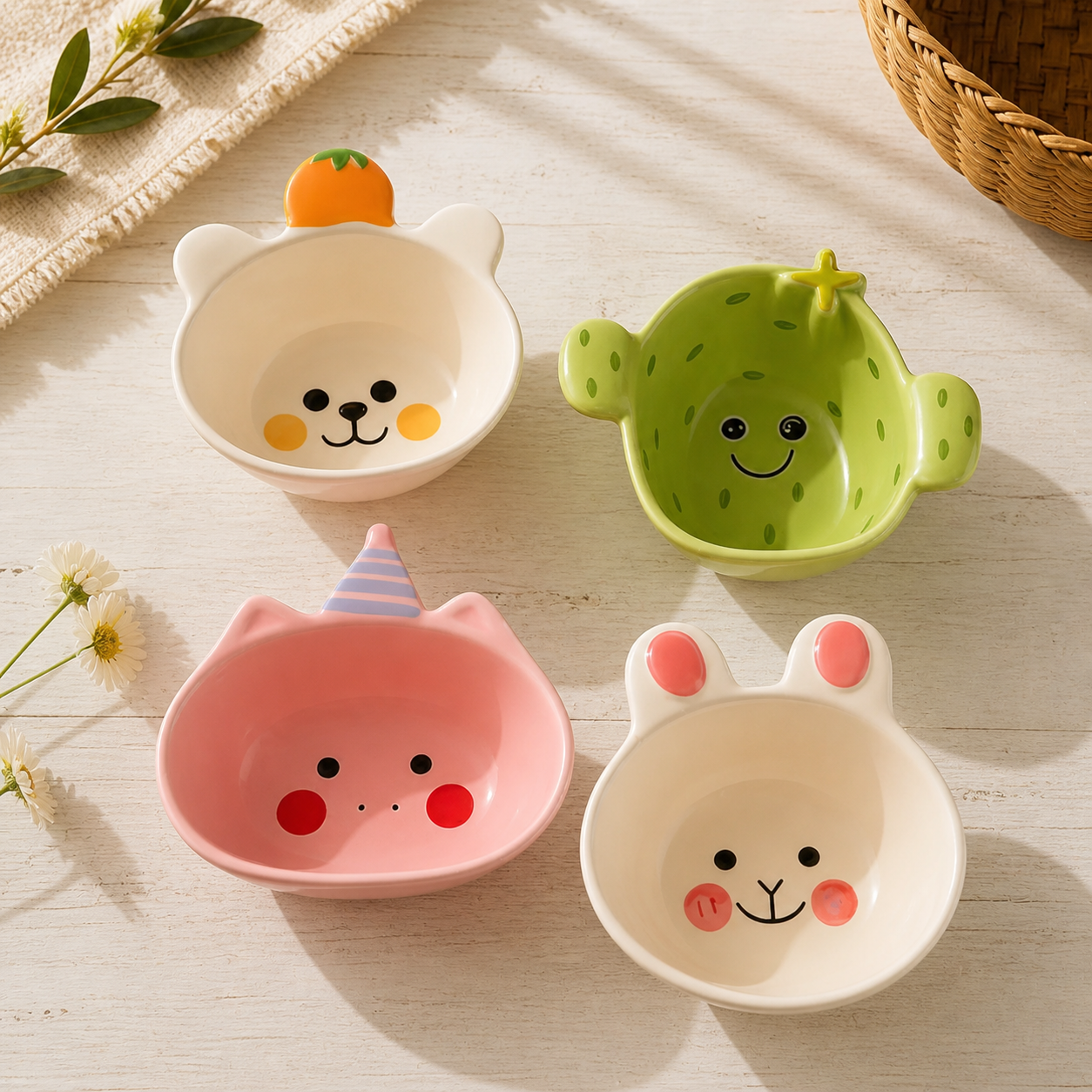 A collection of ceramic bowls in various styles and sizes 💛 Perfect for snacks, desserts, soups, or daily meals — combining cute design with everyday functionality.