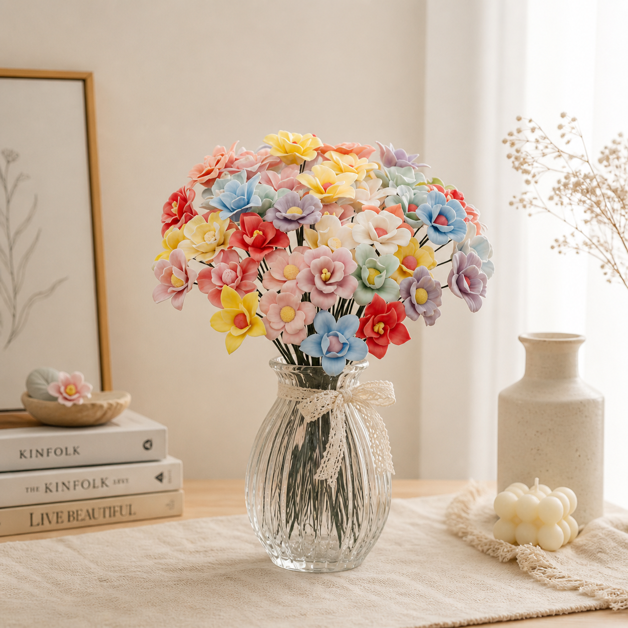 Aesthetic home decor with ceramic flowers, vases, and cute decorative accents for cozy room styling and gifting
