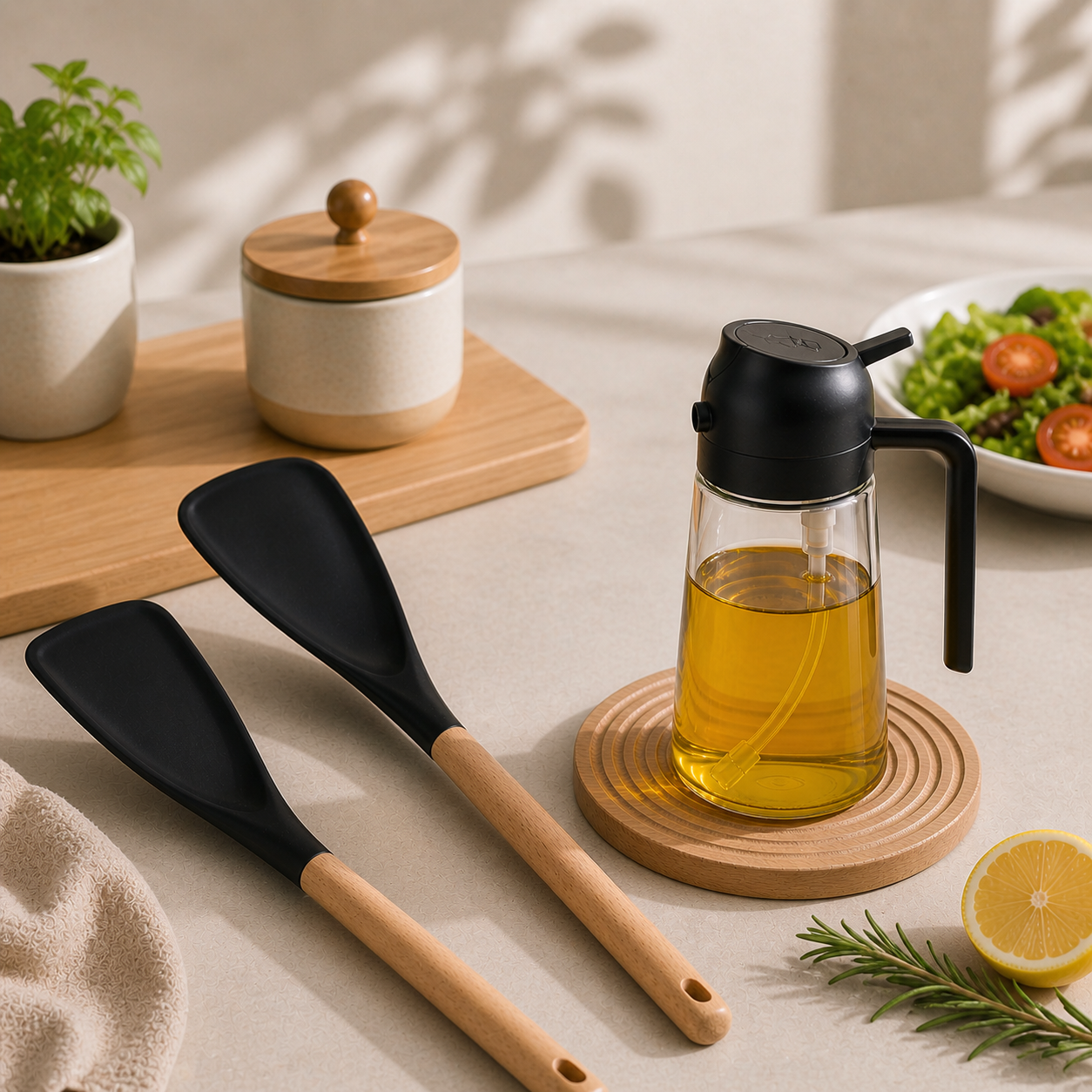 Minimalist kitchen tools including oil dispenser and cooking utensils, designed for easy everyday cooking and modern kitchen aesthetics