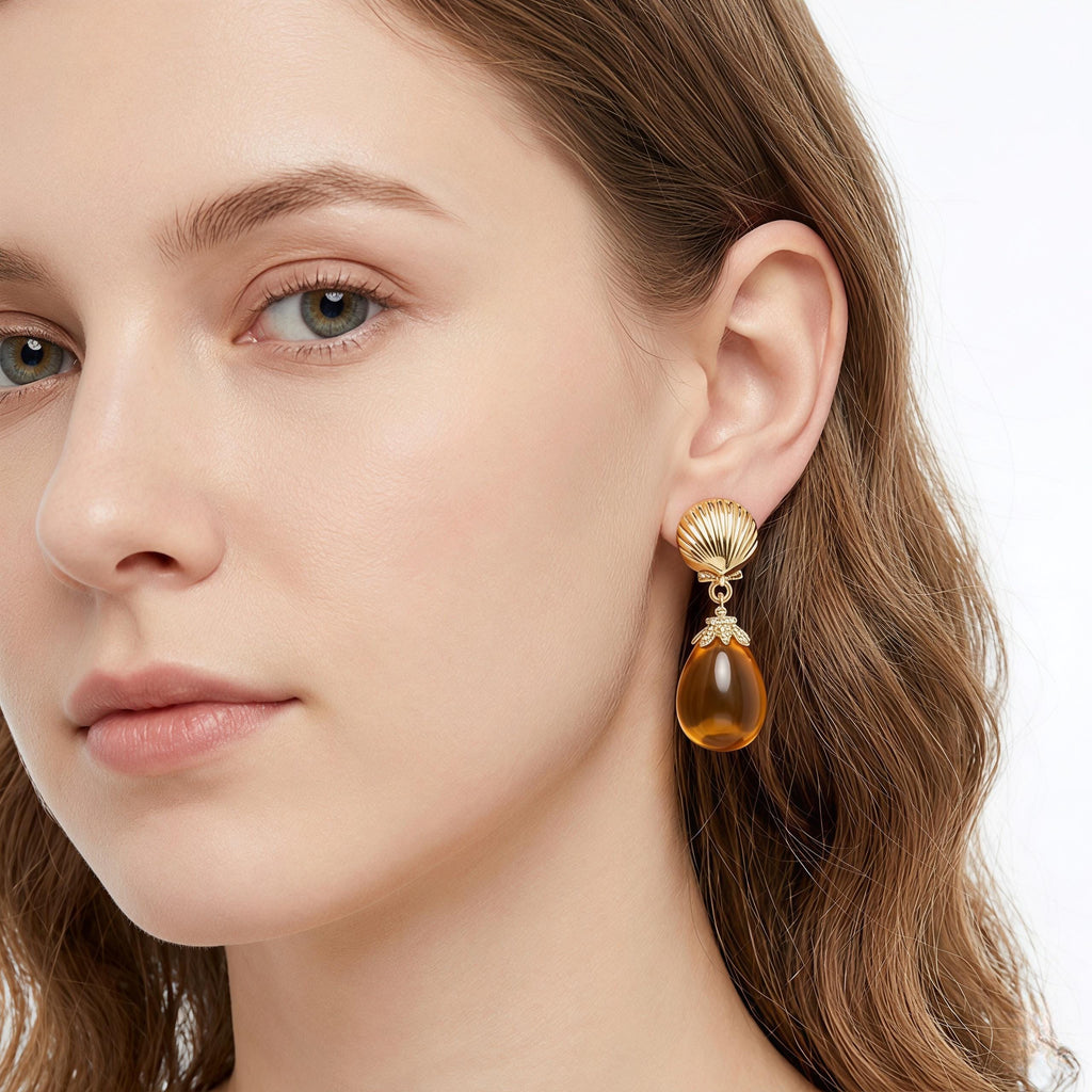 Amber Teardrop Earrings – Vintage Gold Shell & Long Drop Earrings – Elegant Statement Jewelry