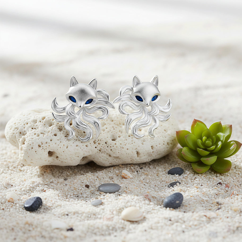 Matte Nine-Tailed Fox Stud Earrings – Silver Fox Earrings with Blue Zircon Eyes