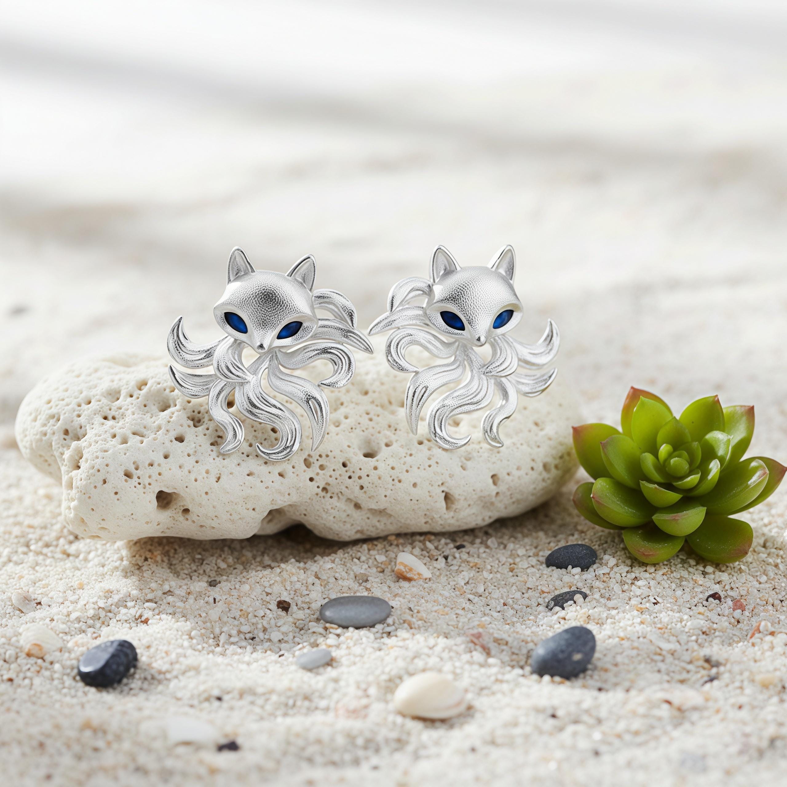 Matte Nine-Tailed Fox Stud Earrings – Silver Fox Earrings with Blue Zircon Eyes