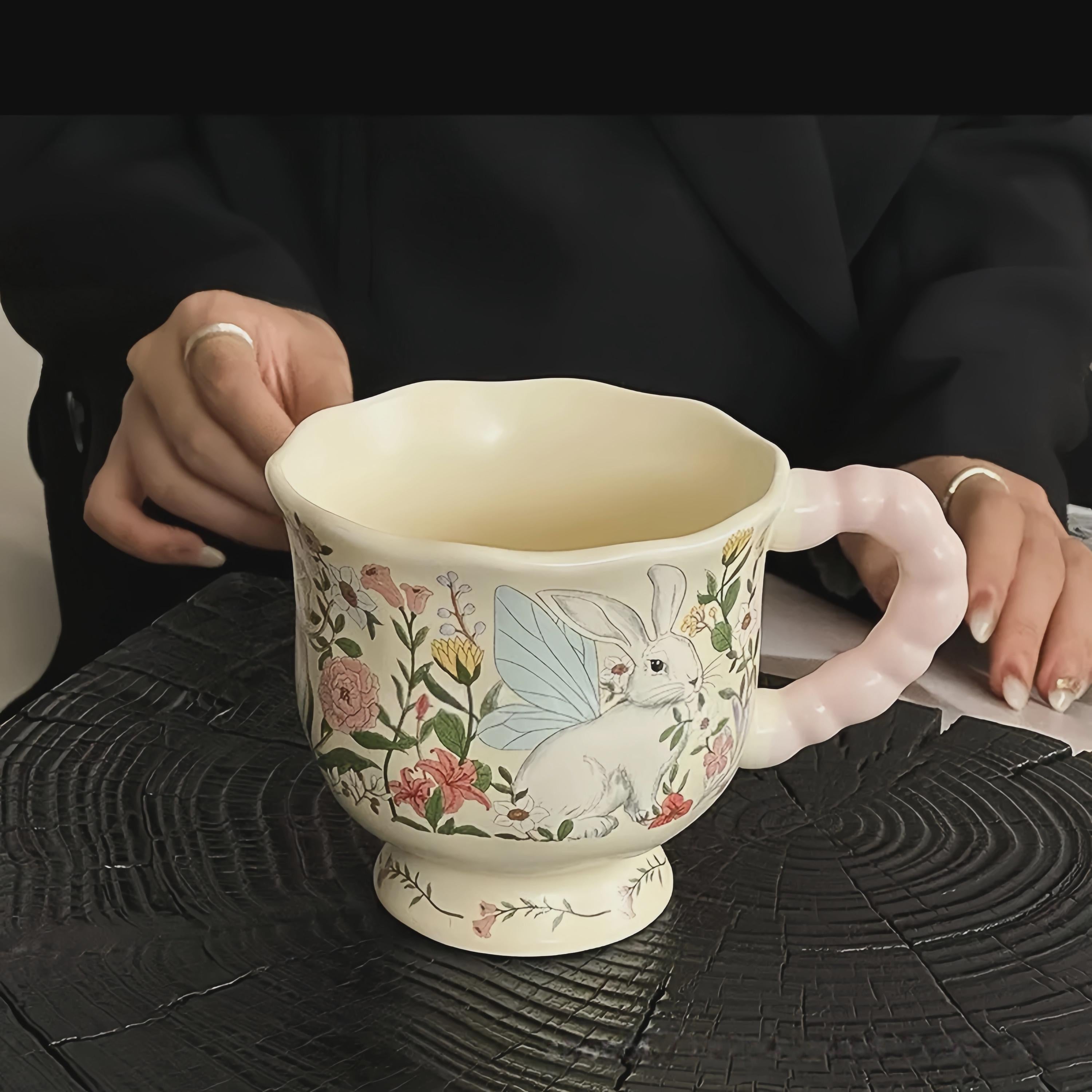 Cottagecore Bunny Mug Set | Hand-Painted Floral Ceramic Coffee Cup