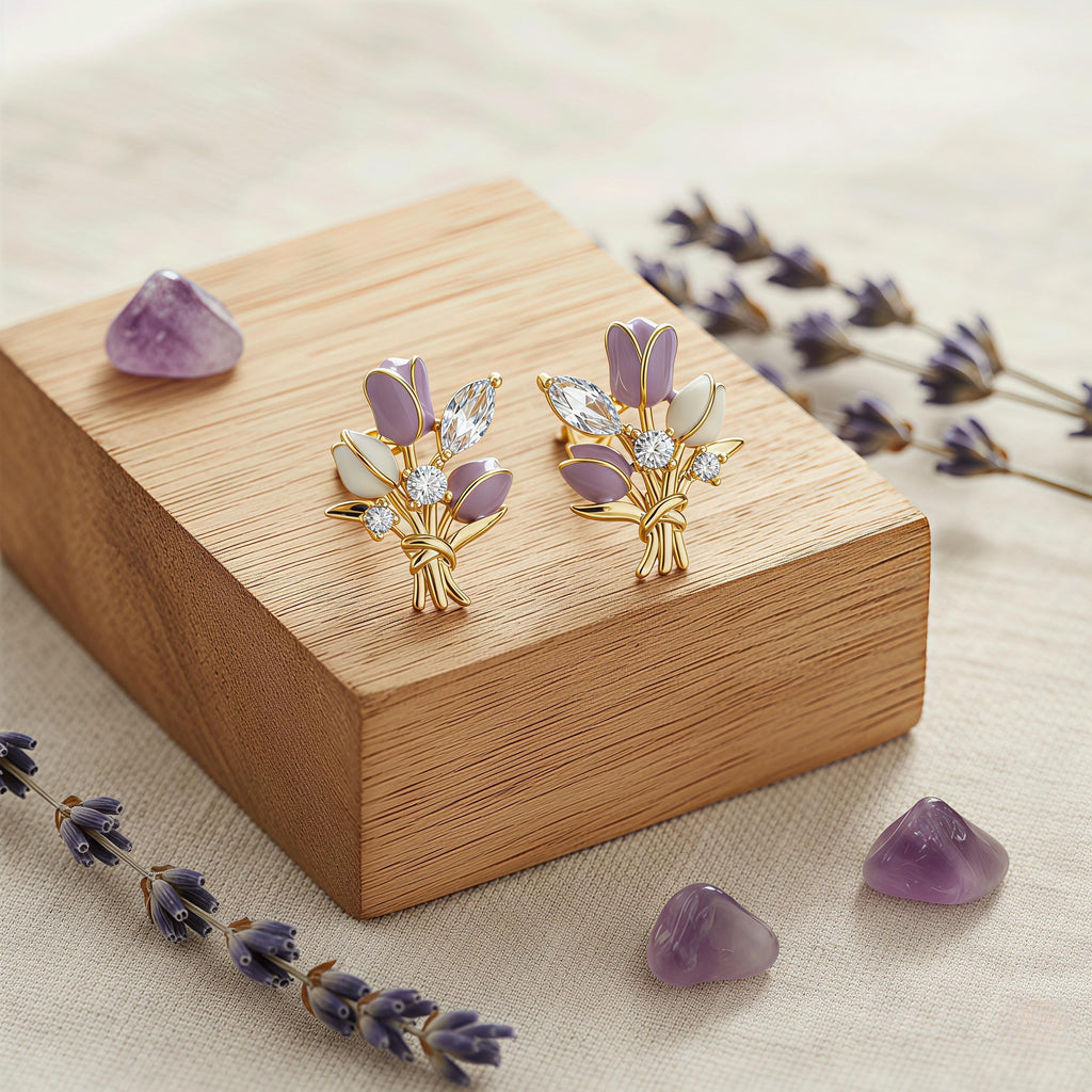 Purple Tulip Bouquet Stud Earrings – Enamel Flower & Zirconia, 18K Gold Plated Floral Jewelry