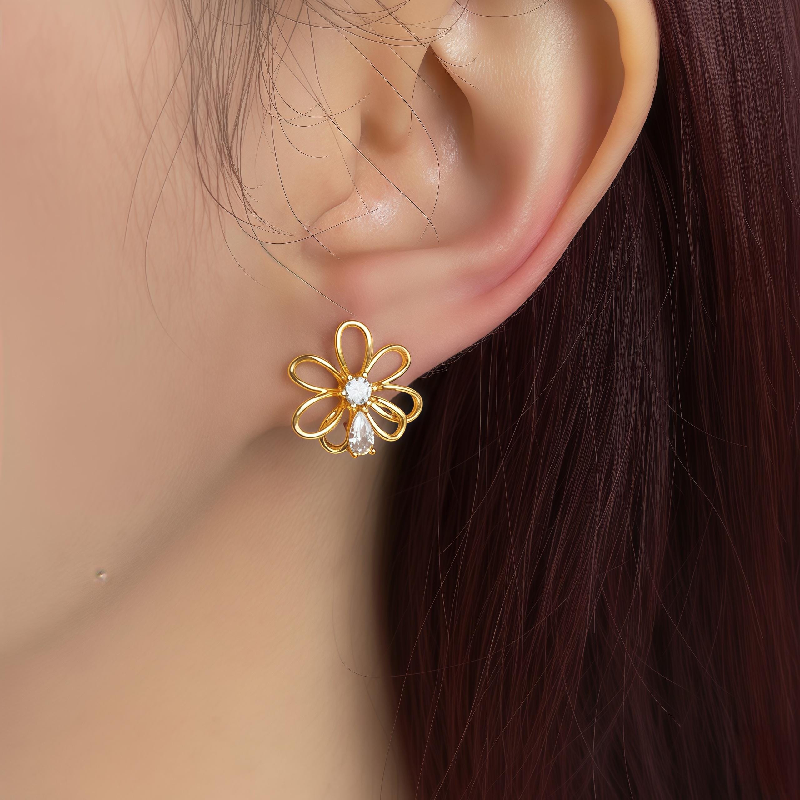 Petal Whisper Asymmetrical Flower Earrings – 18K Gold or Silver Plated with Zircon