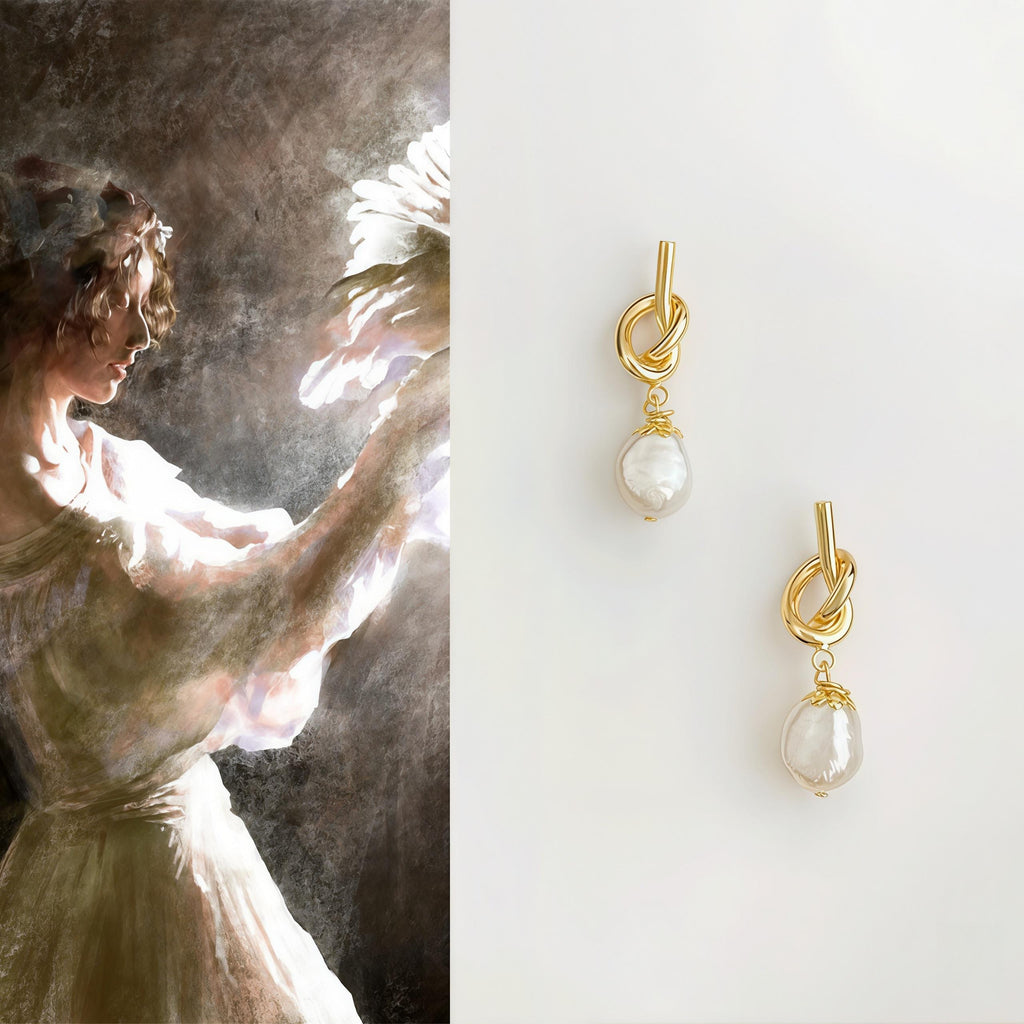 Minimalist Pearl Drop Earrings – Gold Knot Studs with Freshwater Pearl