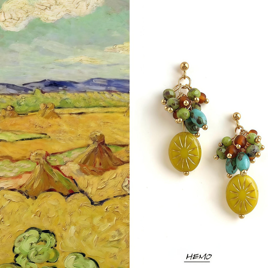 Van Gogh Field Inspired Earrings – Handmade Vintage Cluster Dangle Earrings