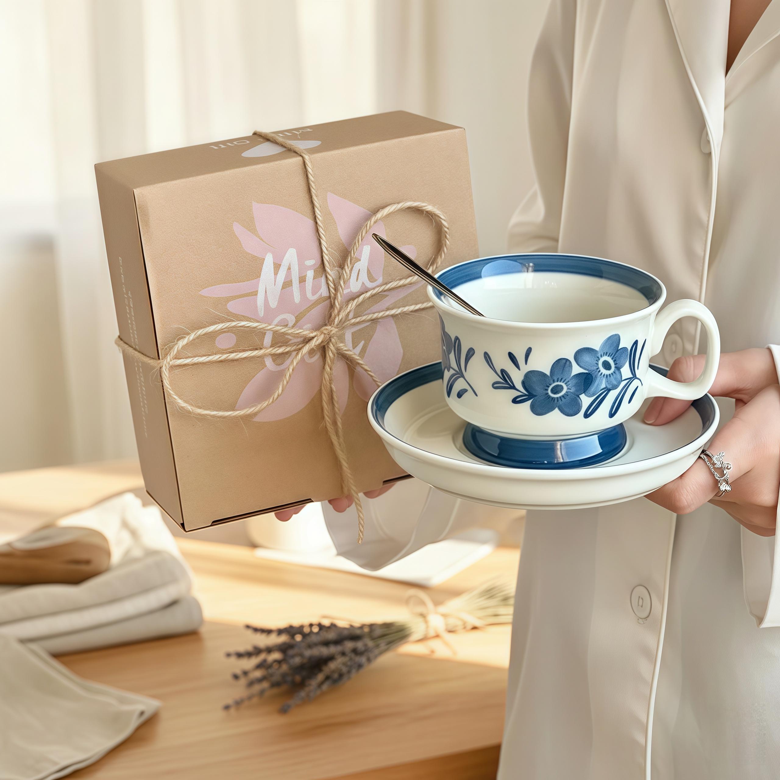 Blue Floral Ceramic Mug with Matching Coaster | Hand-Painted Folk Flower Cup Set