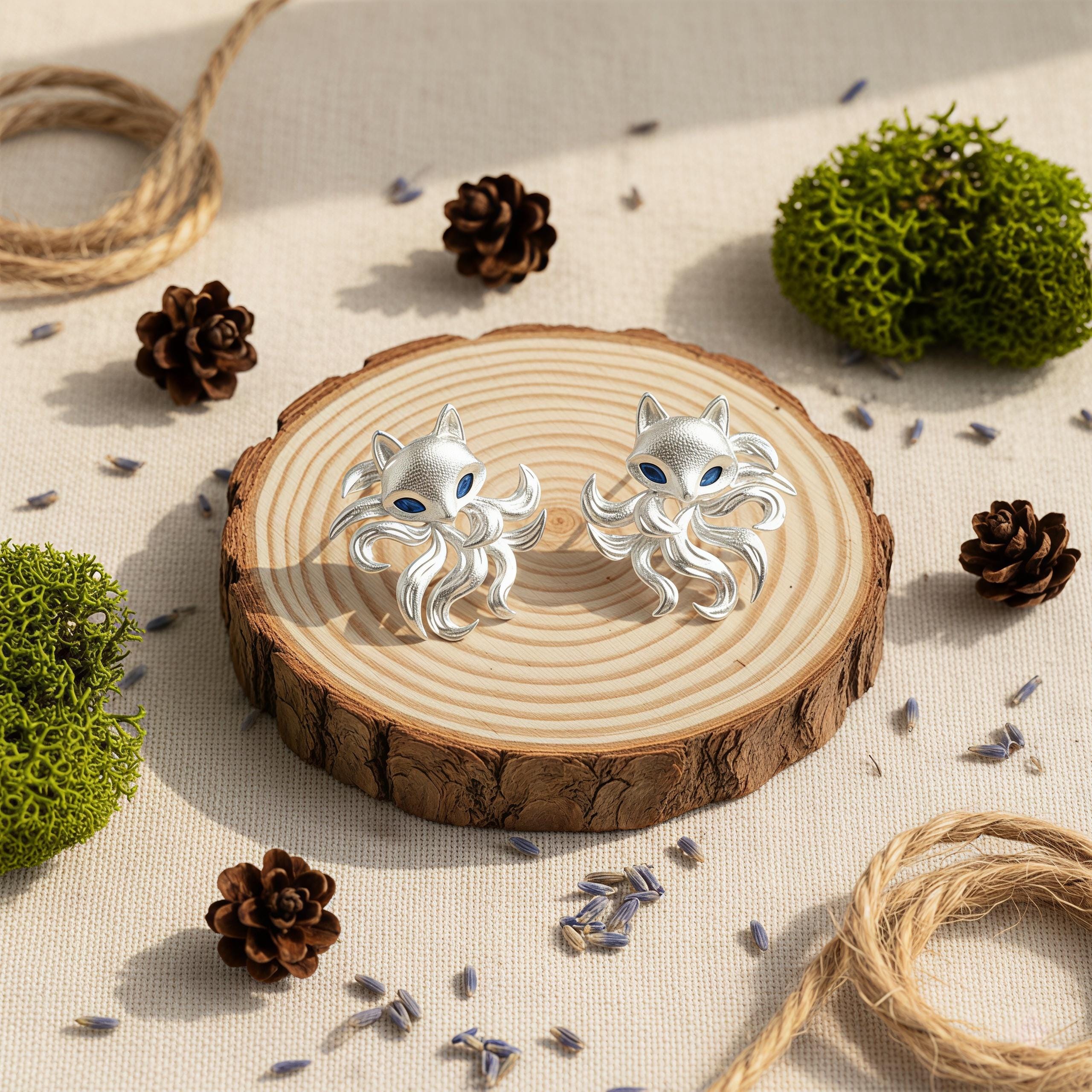 Matte Nine-Tailed Fox Stud Earrings – Silver Fox Earrings with Blue Zircon Eyes