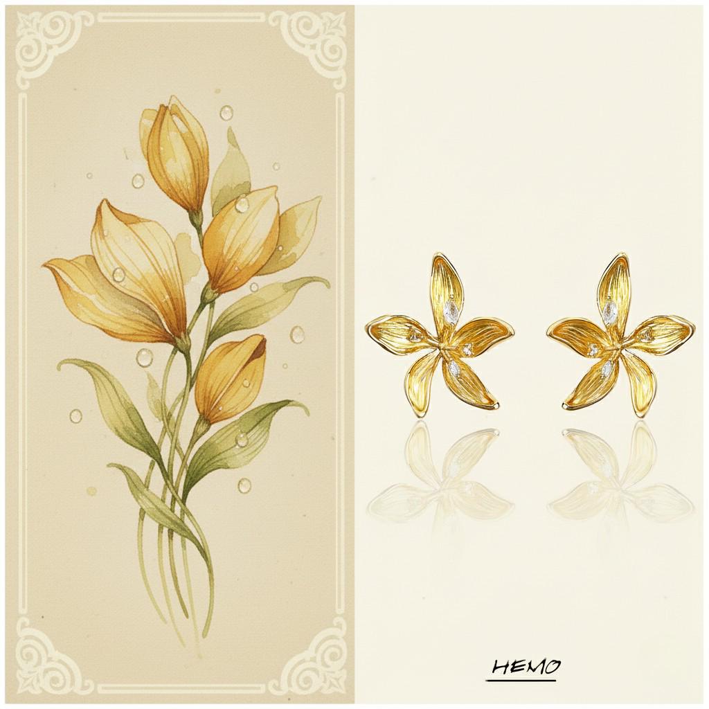Morning Bloom Gold Flower Stud Earrings – 18K Gold Plated Floral Earrings, CZ Dew Drop Earrings