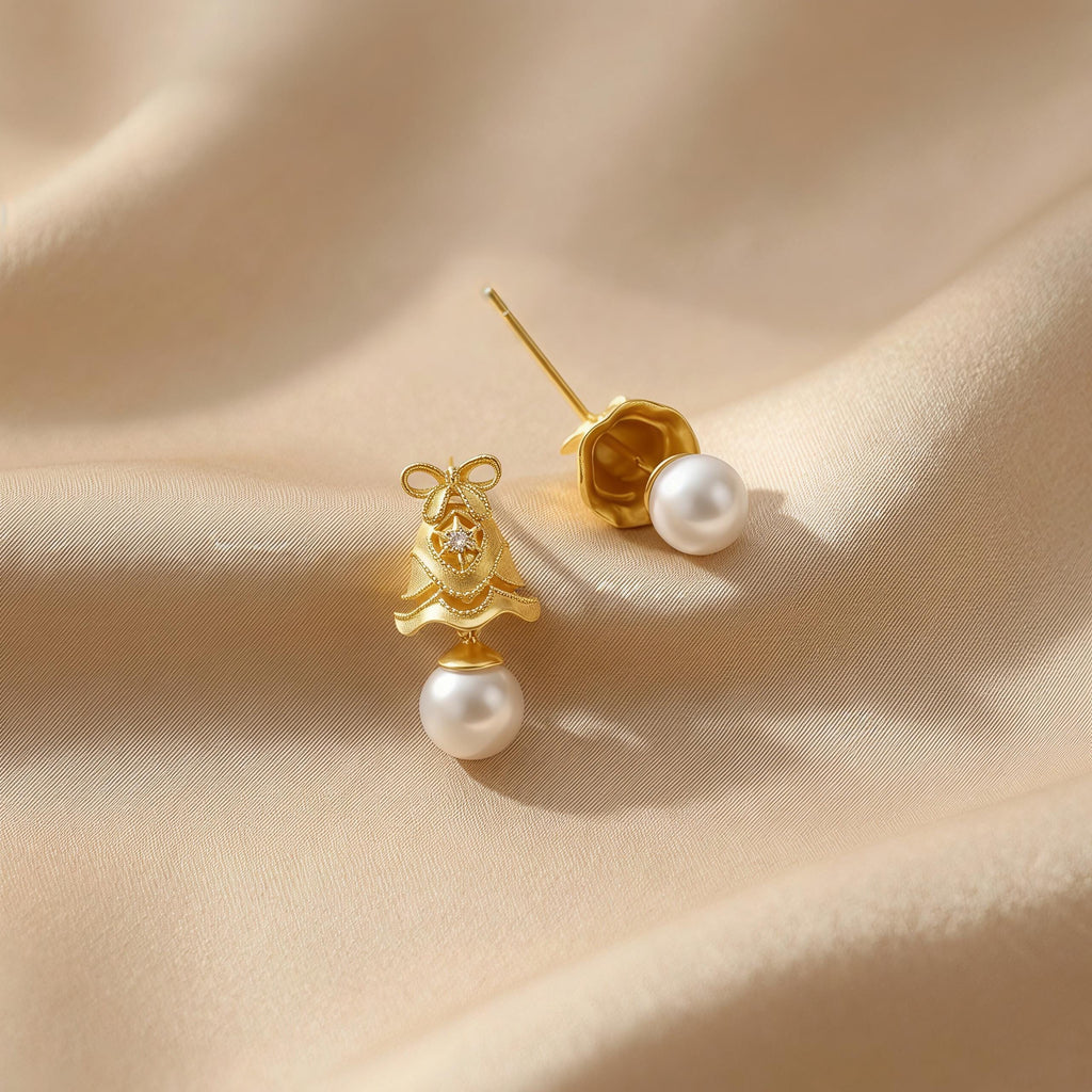 Vintage Gold Pearl Drop Earrings – CZ Ribbon Bell Earrings