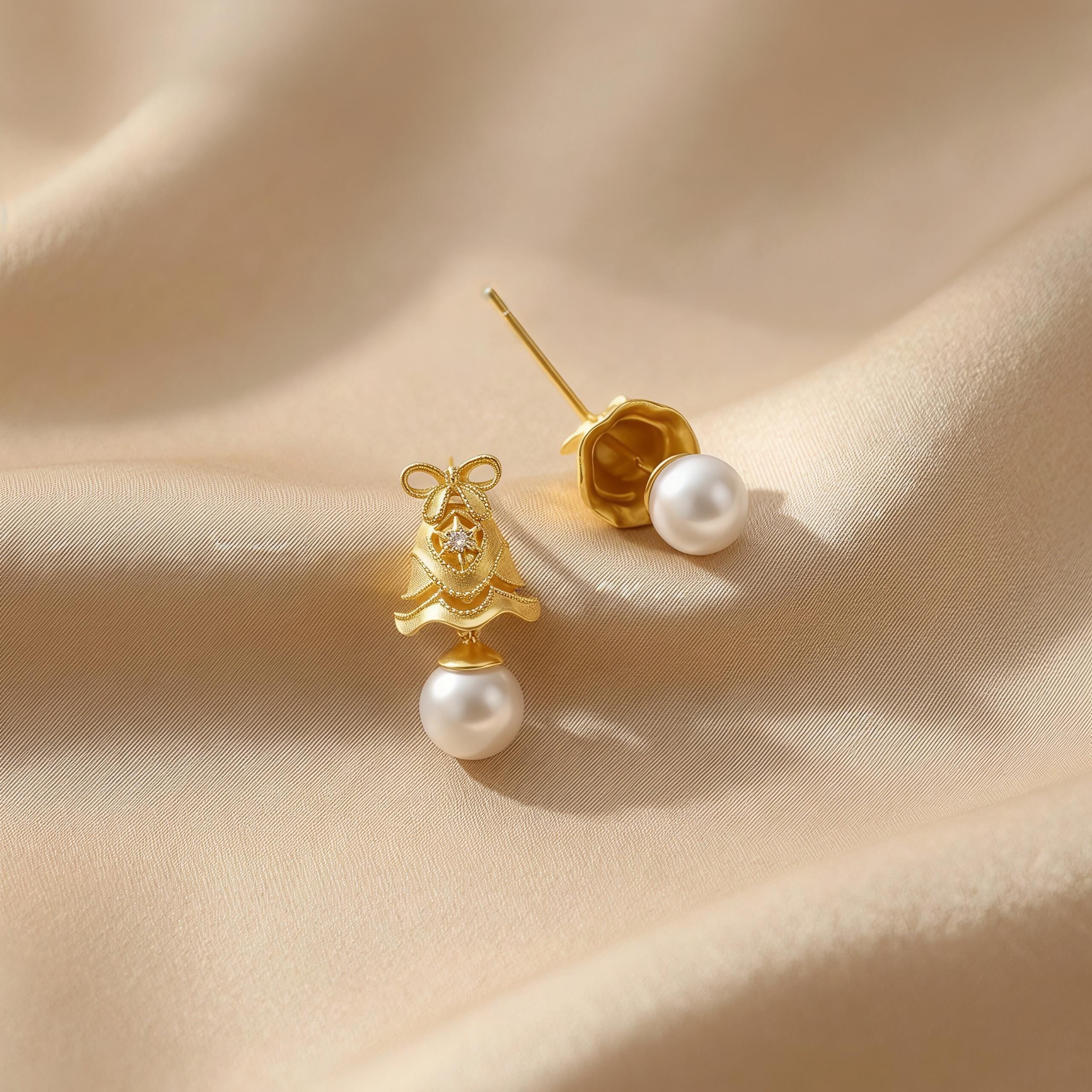 Vintage Gold Pearl Drop Earrings – CZ Ribbon Bell Earrings