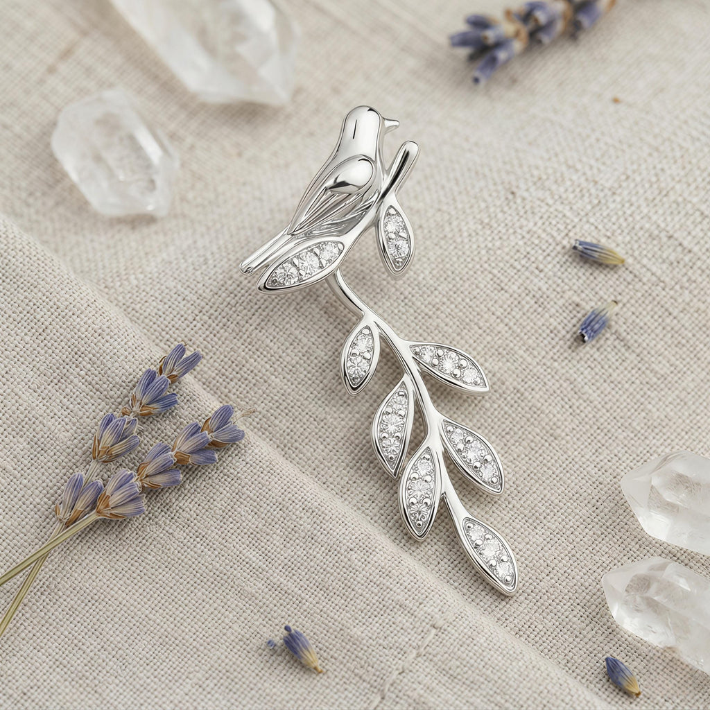 Silver Bird Branch Dangle Earrings – CZ Leaf Drop Earrings