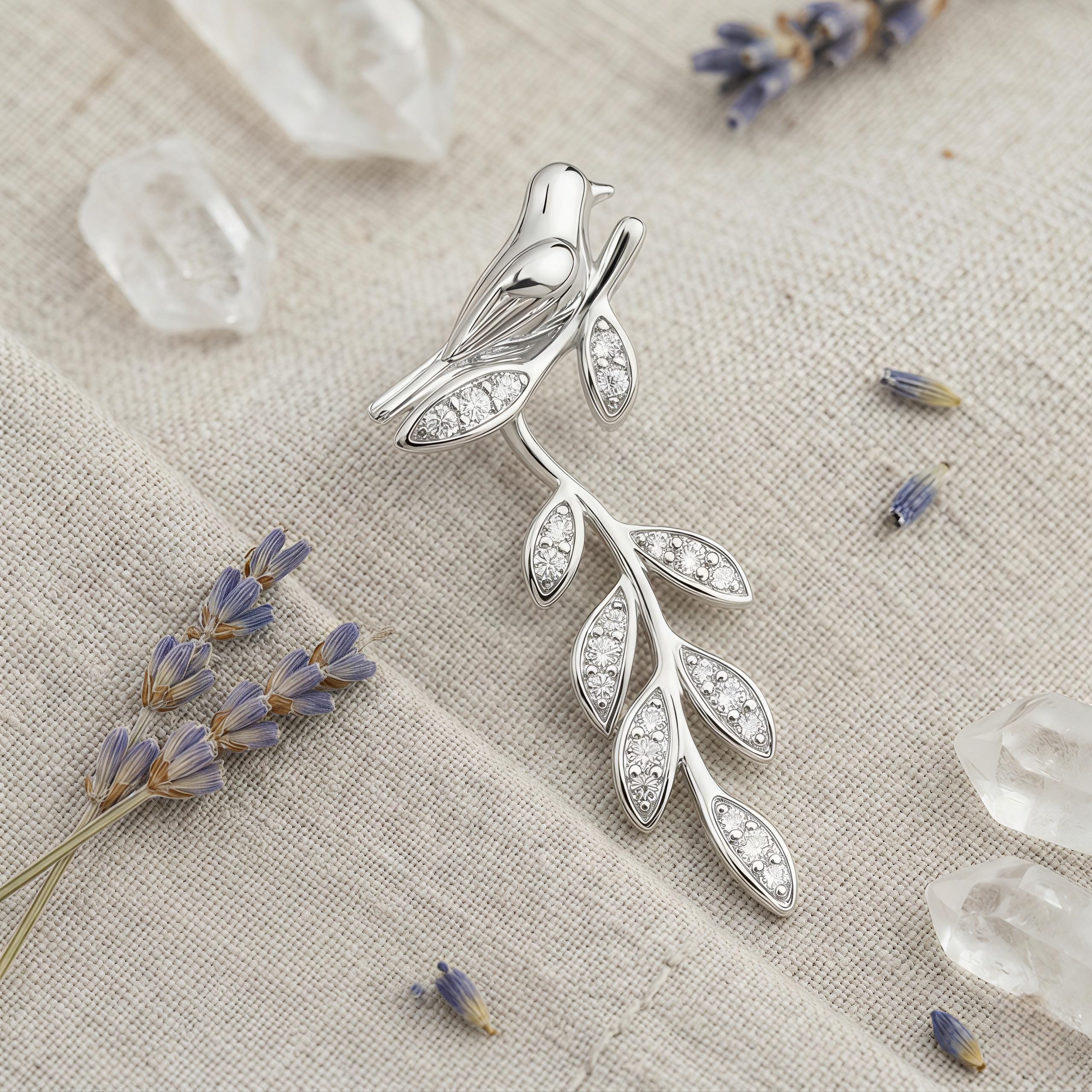 Silver Bird Branch Dangle Earrings – CZ Leaf Drop Earrings