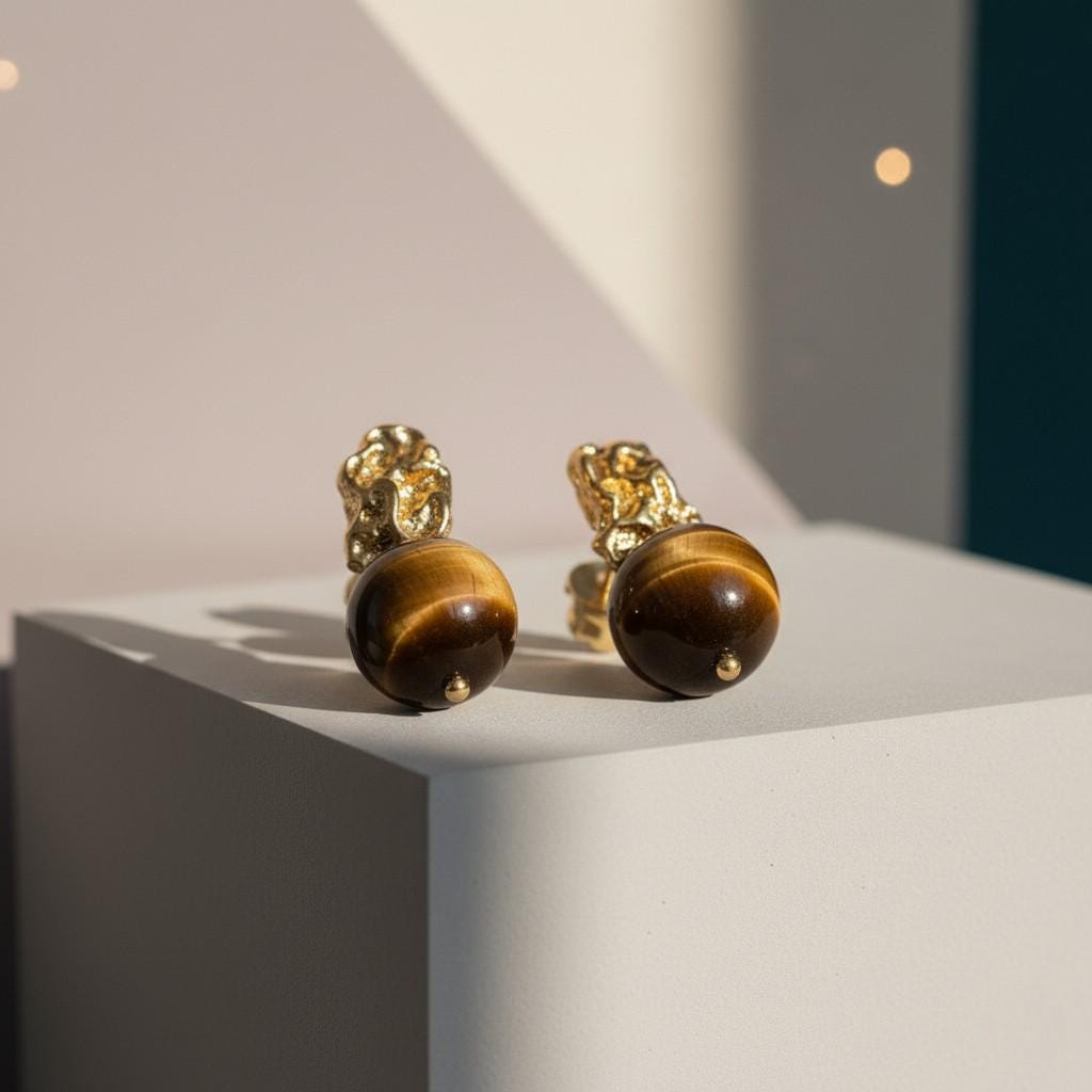 Tiger’s Eye Brass Earrings – Sculptural Gold Plated Statement Earrings