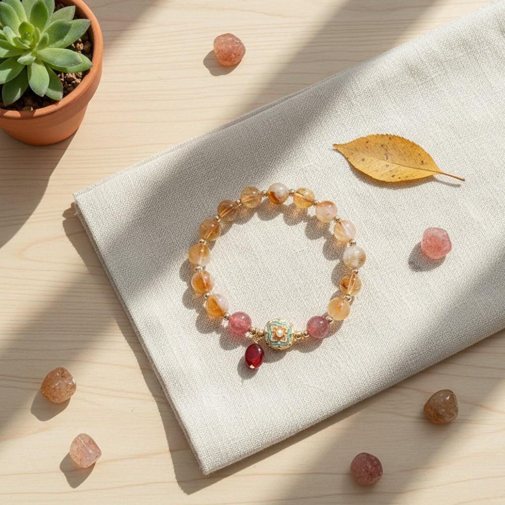 Golden Rutilated Quartz & Strawberry Quartz Bracelet - Guardian Collection | Healing Crystal Stretch