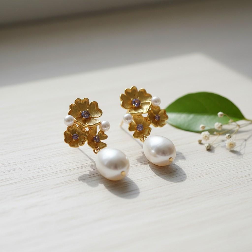 Baroque Pearl Flower Earrings | Morning Garden Elegance Jewelry, Embrace Imperfection, Pierced & Clip-On