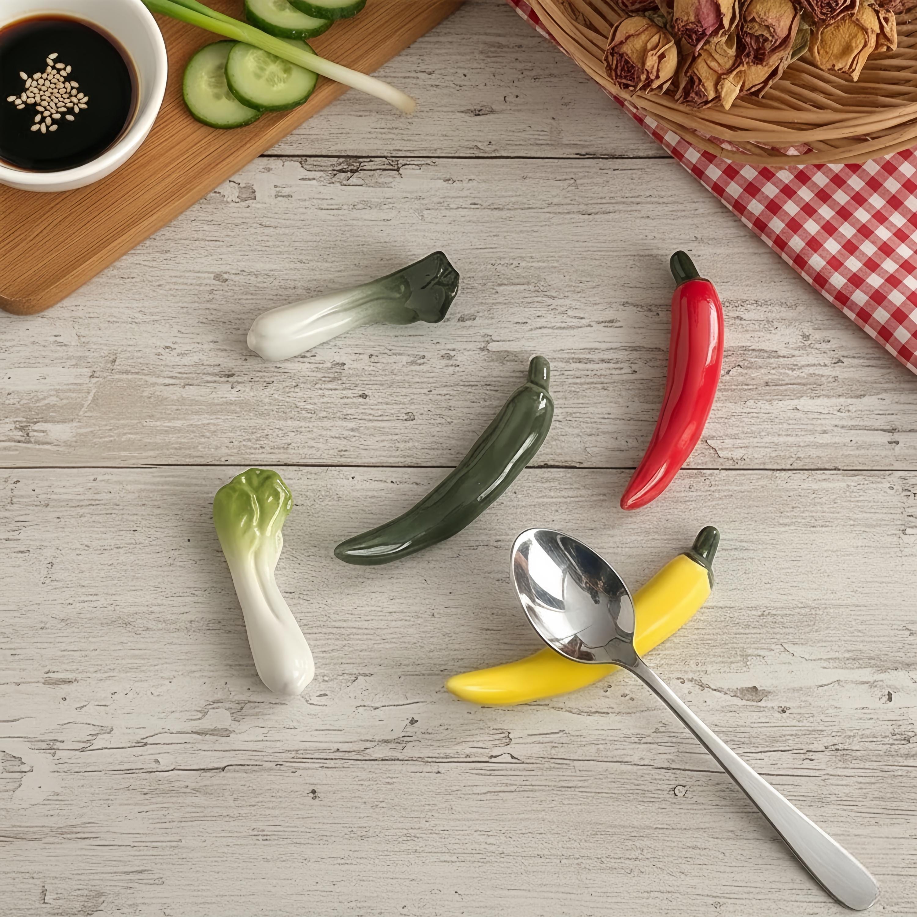 Kawaii Vegetable Ceramic Chopstick Rest | Chili & Bok Choy Spoon Holder