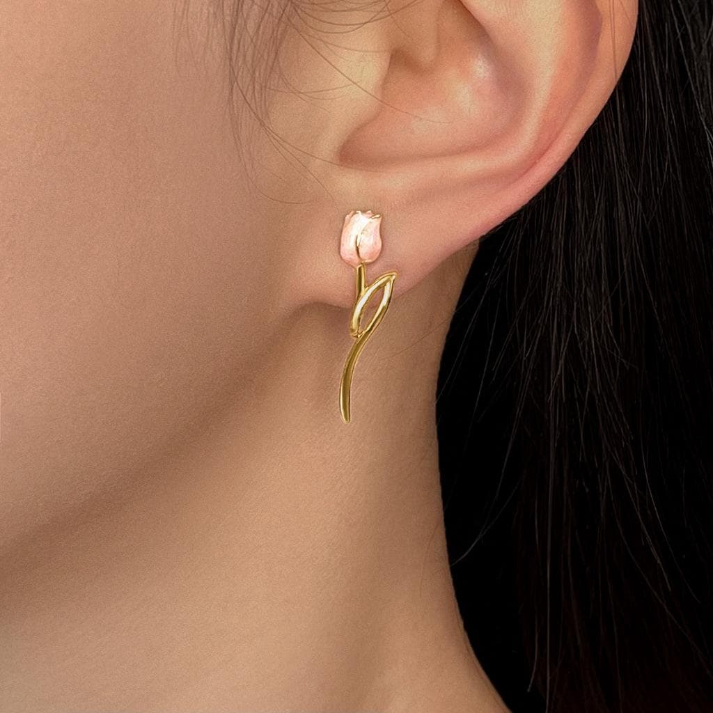 Gold Plated Pink Tulip Earrings – Asymmetrical Spring Flower Earrings