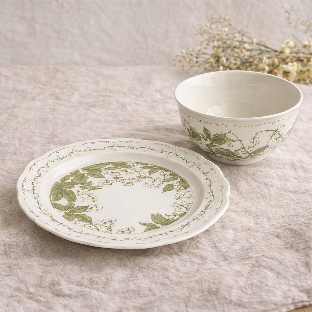 Lily of the Valley Ceramic Tableware Set | Vintage Botanical Plates & Bowls | Floral Dinnerware Set