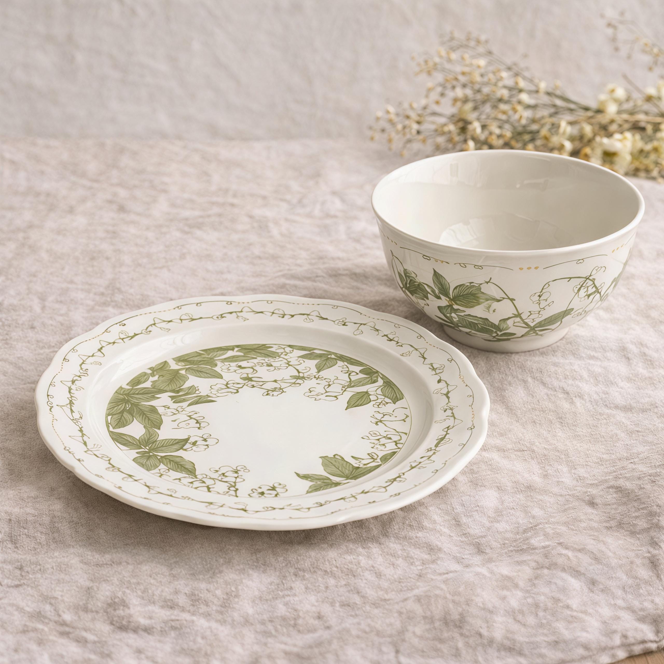 Lily of the Valley Ceramic Tableware Set | Vintage Botanical Plates & Bowls | Floral Dinnerware Set