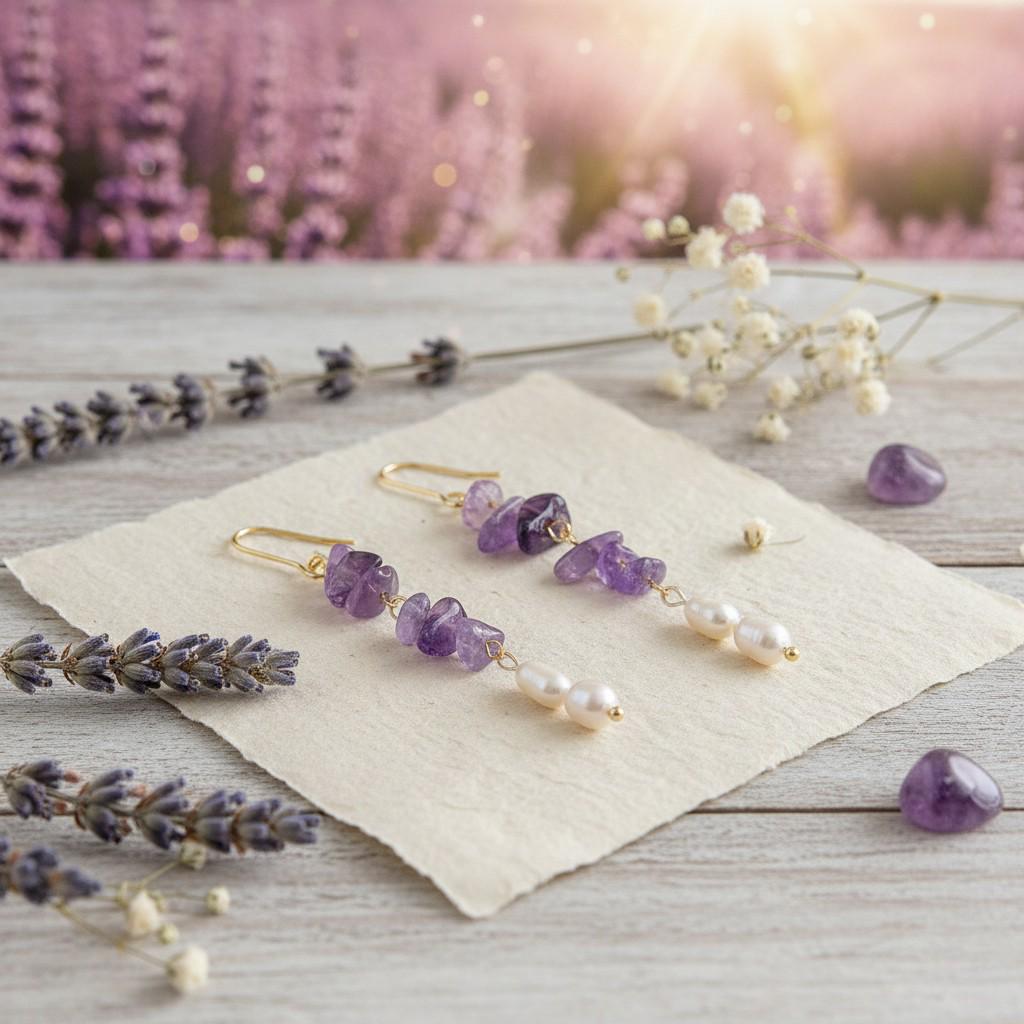 Lavender Garden Earrings – Raw Amethyst & Freshwater Pearl Long Dangle Earrings