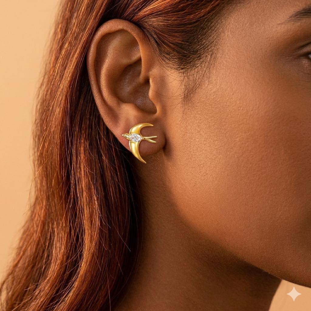 Asymmetrical Swallow & Olive Branch Earrings – 18K Gold Plated Bird Earrings with CZ