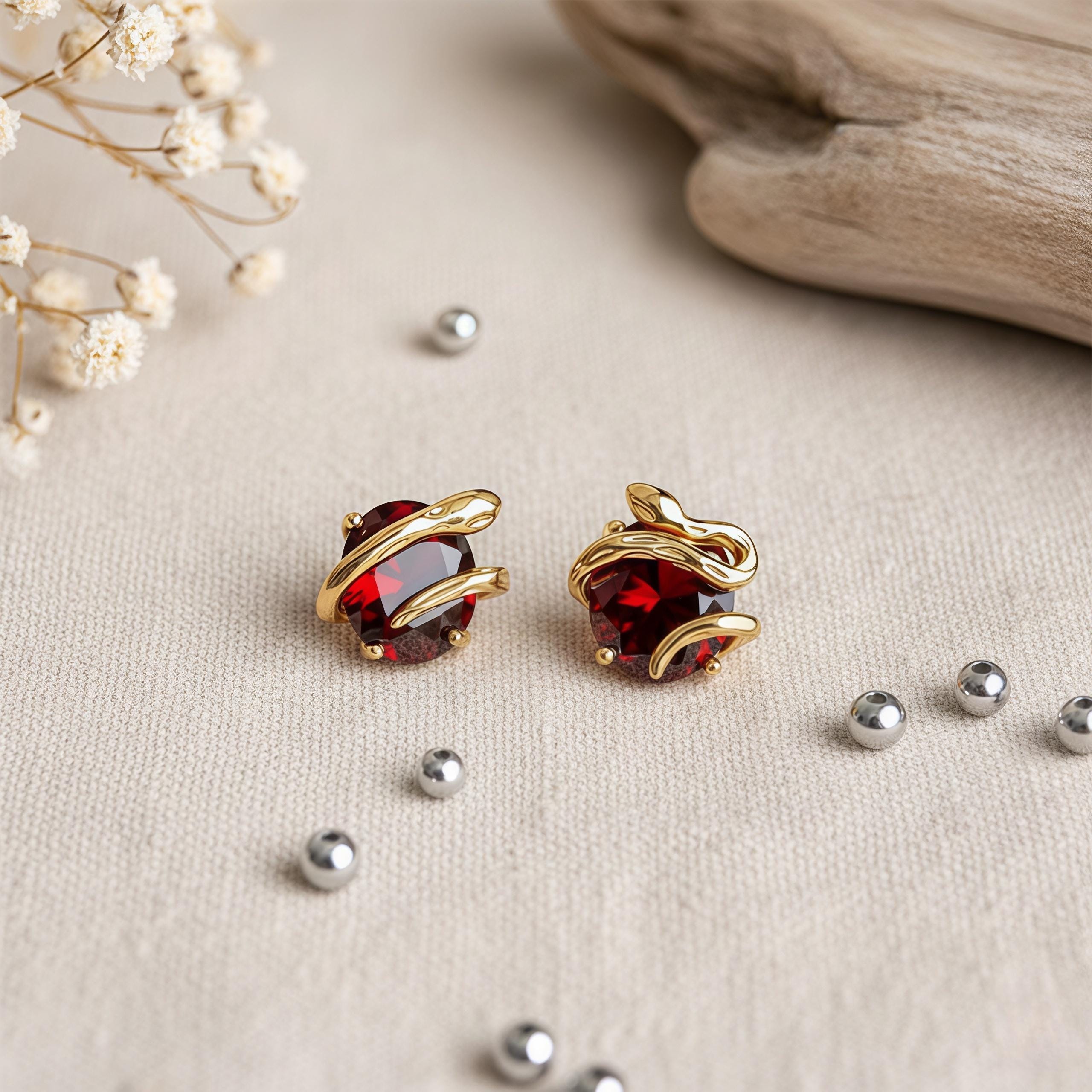 Vintage Snake Stud Earrings with Claret Red Zircon – 18K Gold Plated Serpent Jewelry