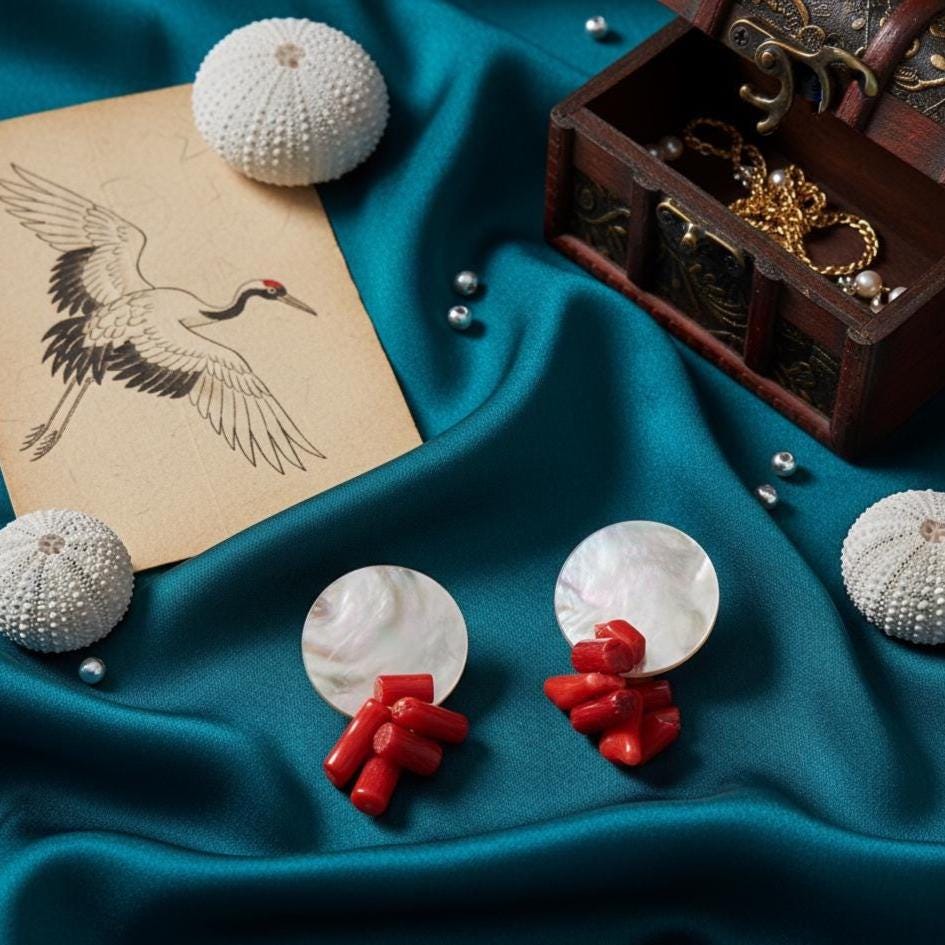 Red Coral Crane Earrings – Guardian Collection | Sterling Silver & Mother-of-Pearl Jewelry