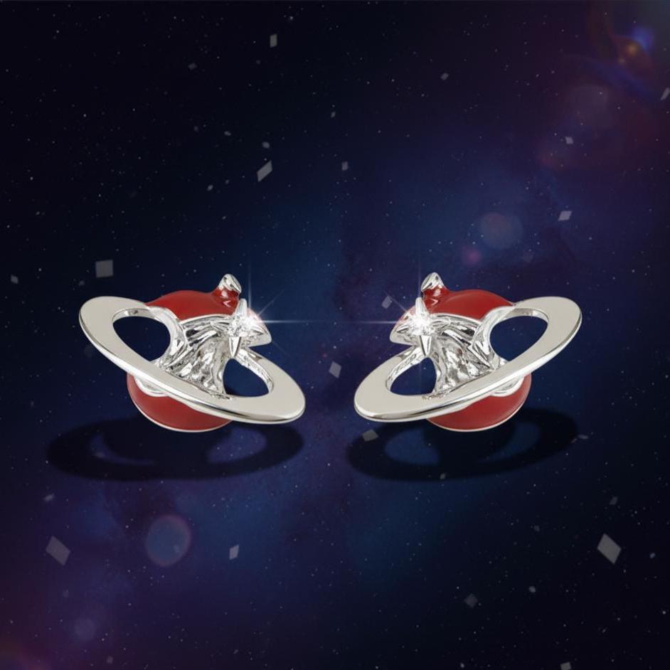 Red Enamel Apple Core Planet Earrings – Surreal Orbit Stud Earrings with CZ