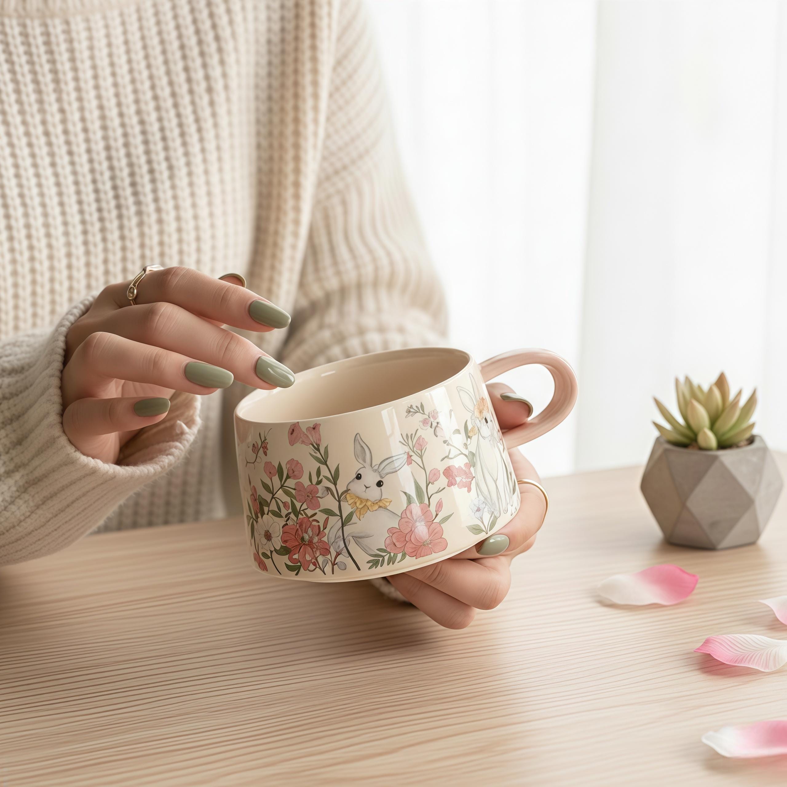 Vintage Rabbit Cup & Saucer Set | Cottagecore Floral Ceramic Coffee Cup