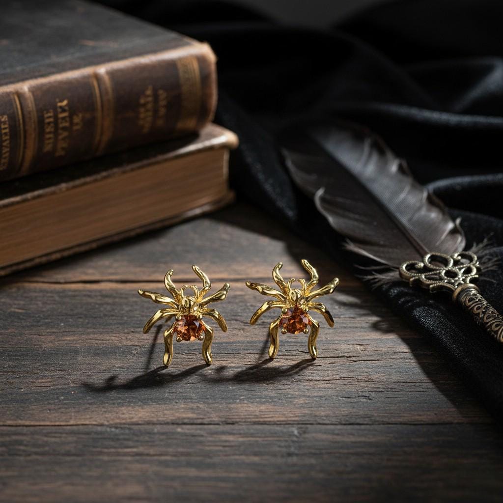 Moonlit Forest Gold Spider Stud Earrings – Mystical Spider Earrings