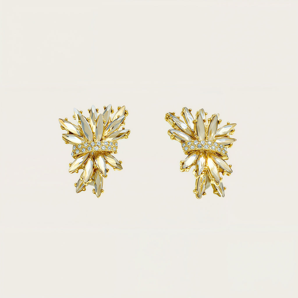 French Vintage Crystal Flower Earrings – Champagne & Clear Ice Bloom Statement Studs