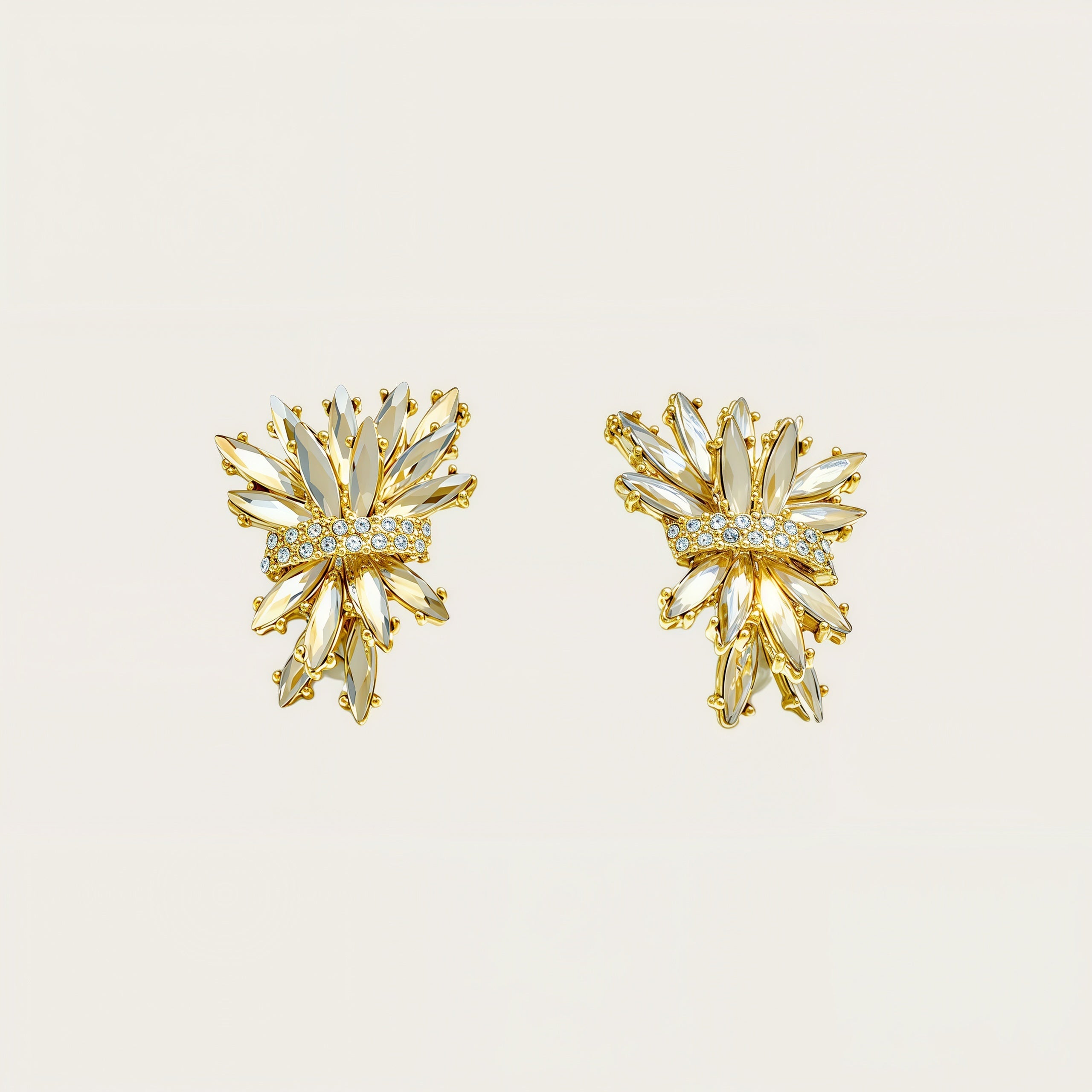 French Vintage Crystal Flower Earrings – Champagne & Clear Ice Bloom Statement Studs
