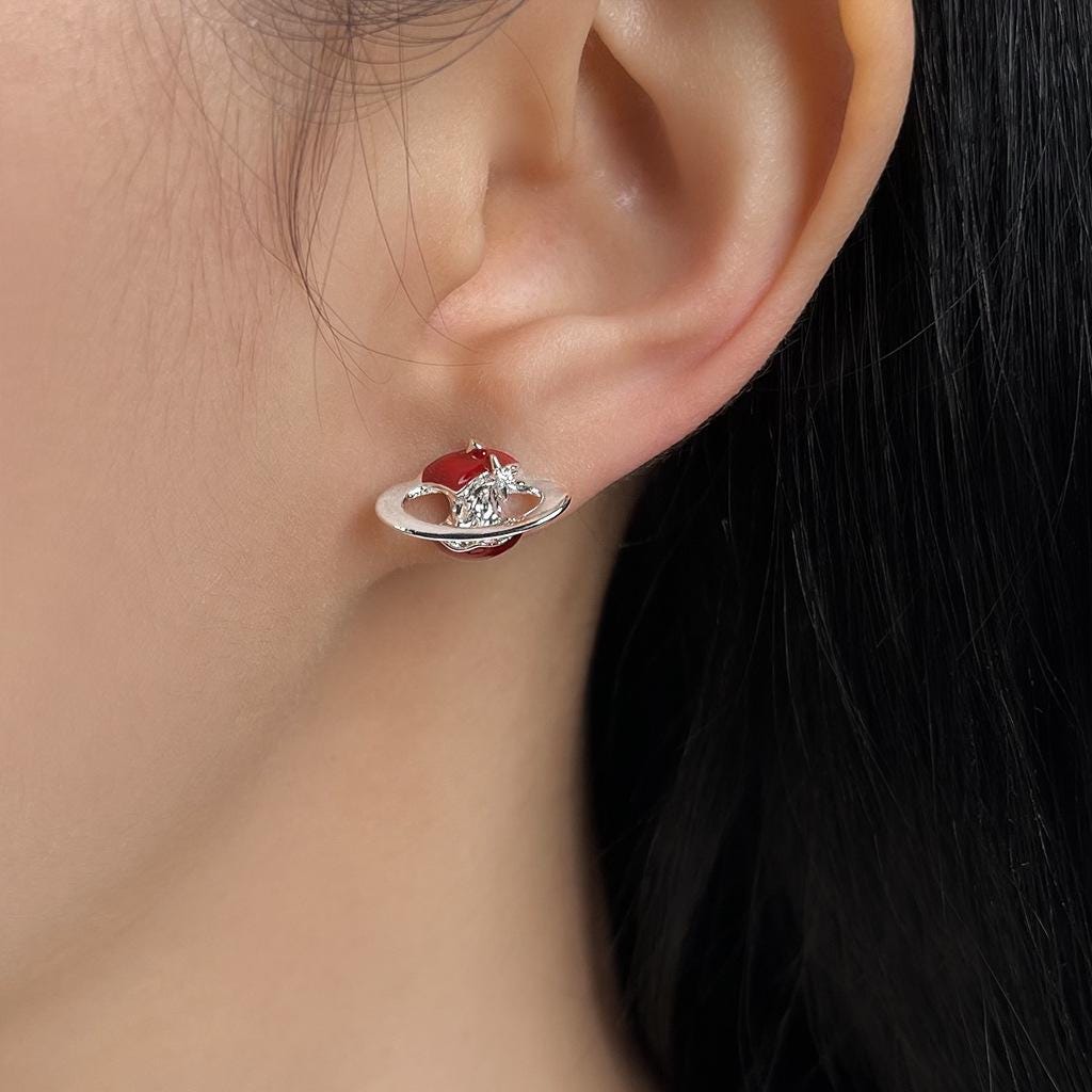 Red Enamel Apple Core Planet Earrings – Surreal Orbit Stud Earrings with CZ
