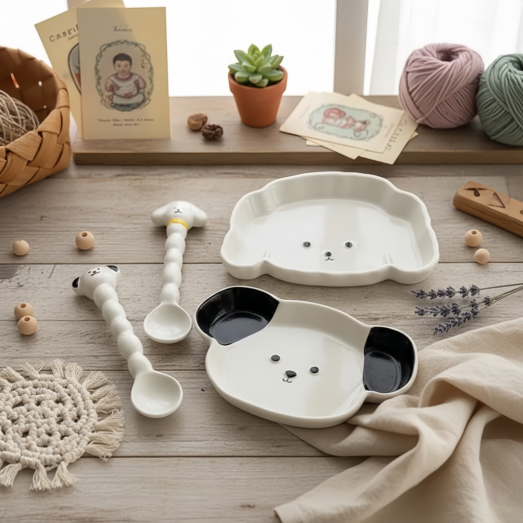 Kawaii Dog Ceramic Tableware | Puppy Shaped Plate & Spoon | Dog Lover Gift