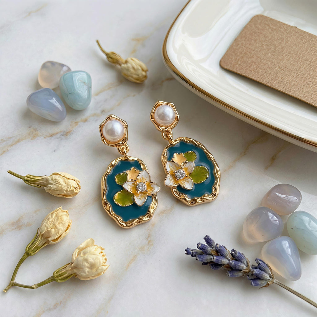 Monet Lotus Earrings – Enamel Floral Art Jewelry with Freshwater Pearl