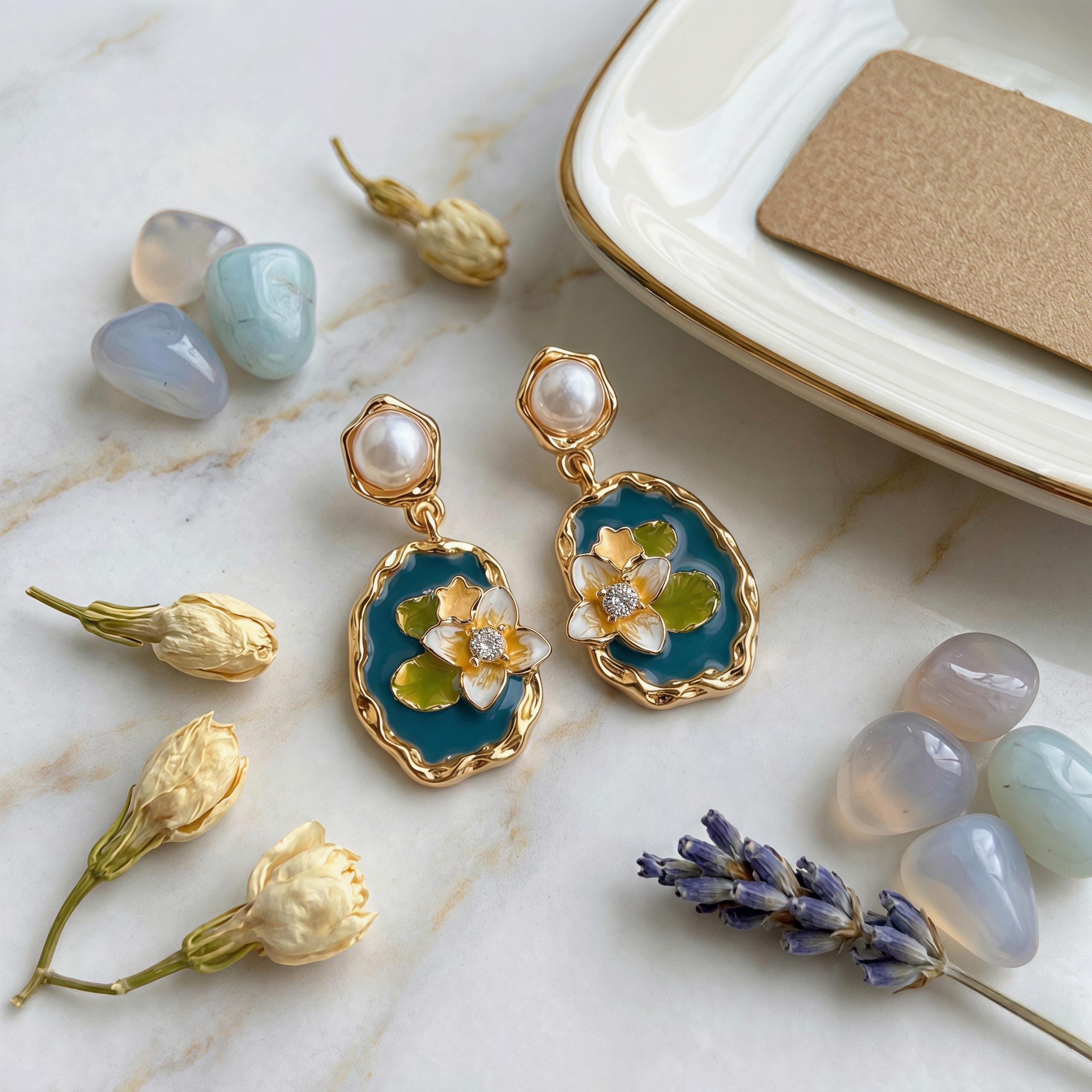 Monet Lotus Earrings – Enamel Floral Art Jewelry with Freshwater Pearl