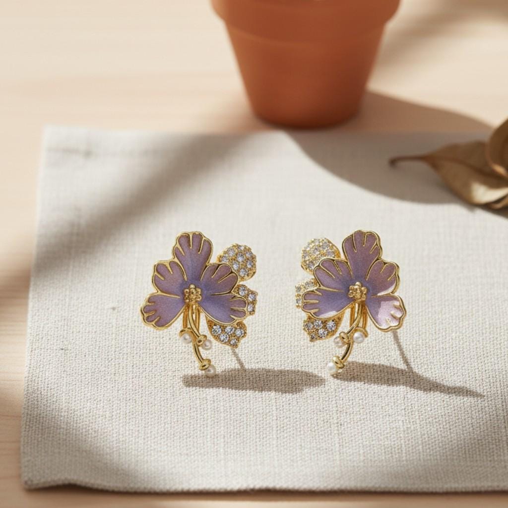 Hand-Enameled Lilac Earrings – Floral Pearl Drop Earrings