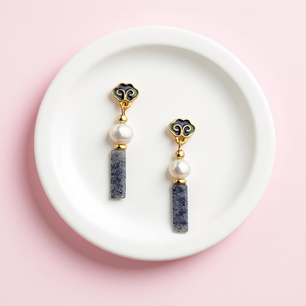 Cloisonné Enamel Earrings – Handmade Pearl & Blue Jasper Earrings