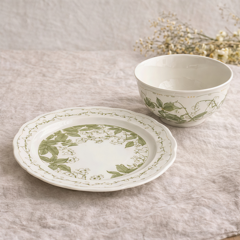 Lily of the Valley Ceramic Tableware Set | Vintage Botanical Plates & Bowls | Floral Dinnerware Set