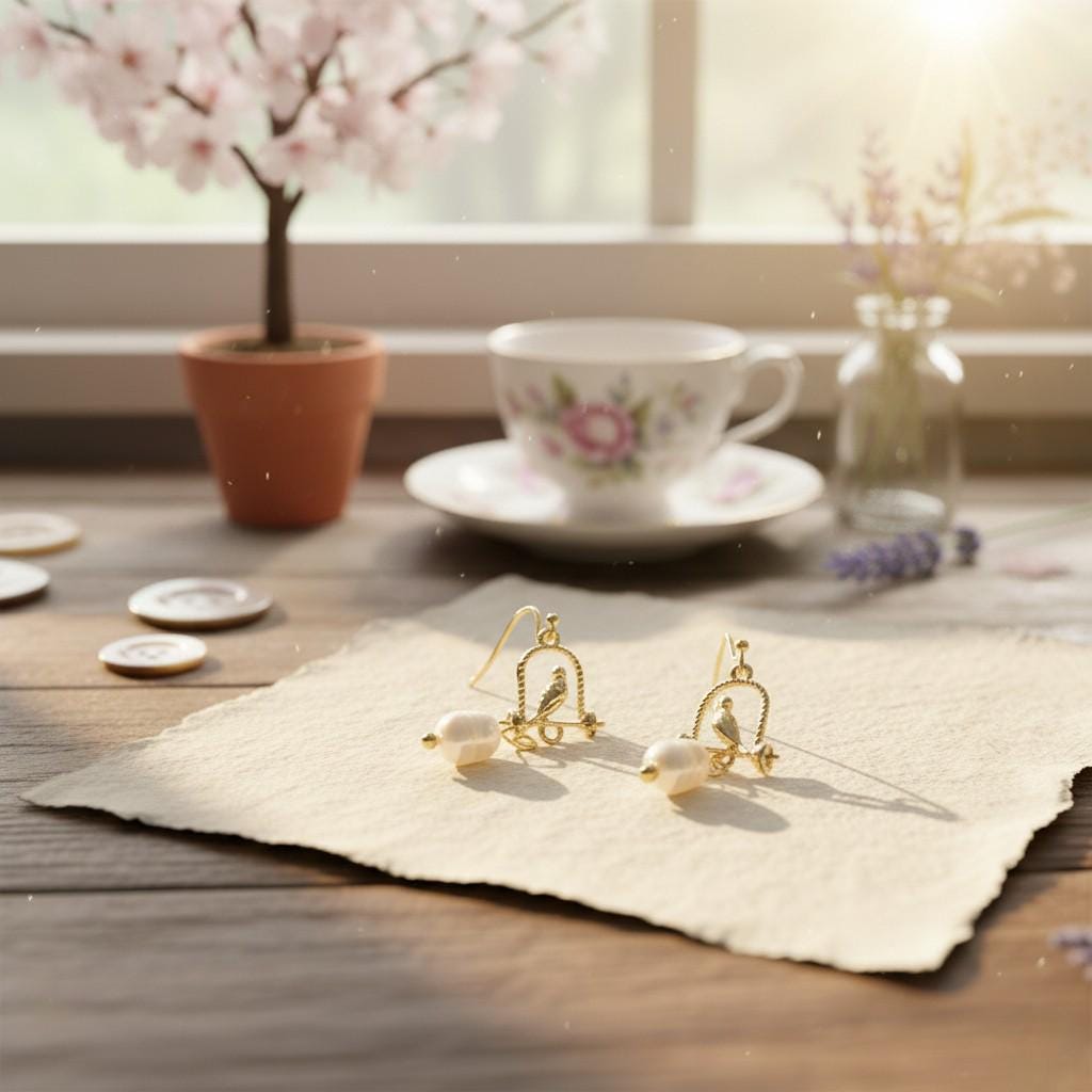 Birdcage & Pearl Earrings – Gold Plated Birdcage Drop Earrings with Freshwater Pearl