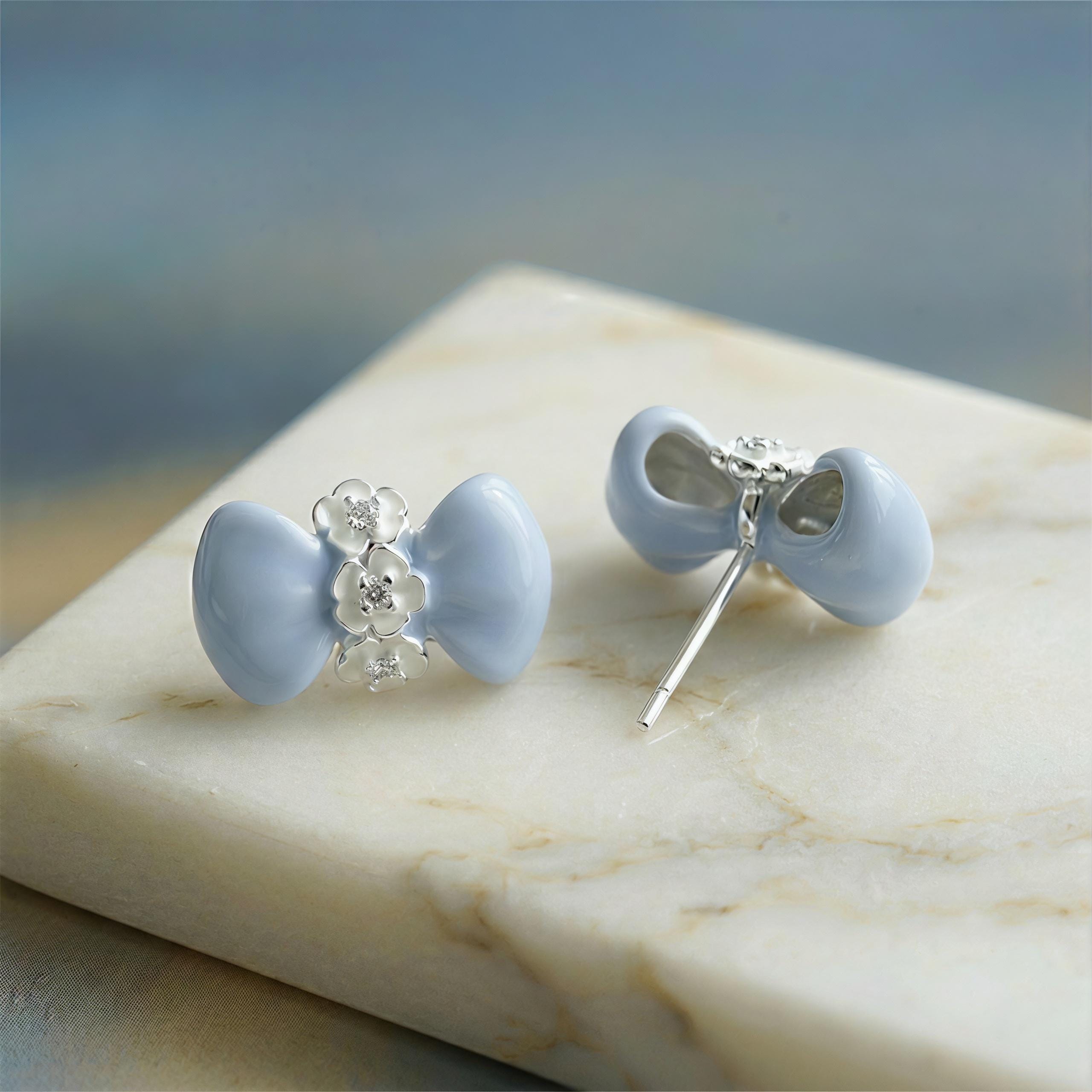 Blue Bow Flower Earrings – Enamel Zircon Studs & Clip On – 18K Gold Plated Ribbon Jewelry