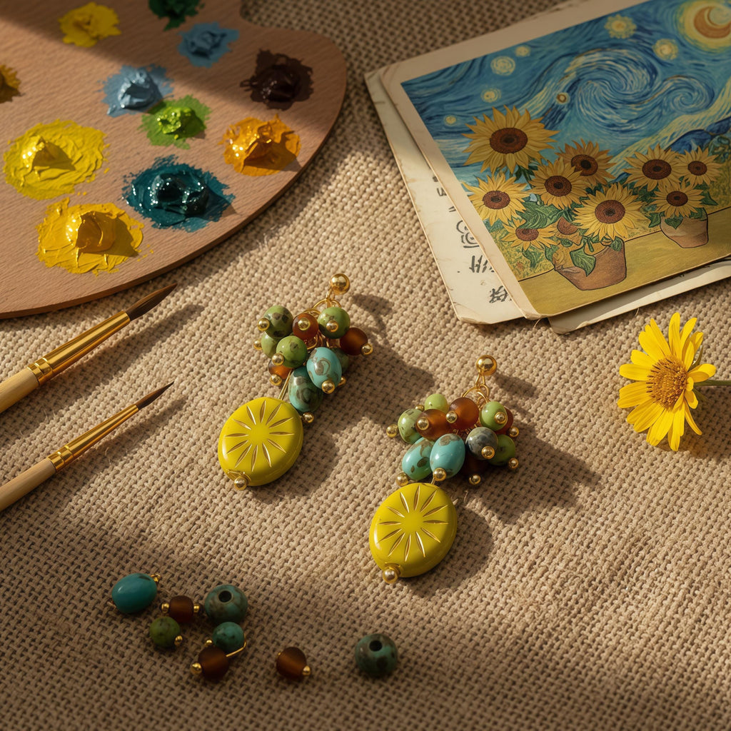 Van Gogh Field Inspired Earrings – Handmade Vintage Cluster Dangle Earrings