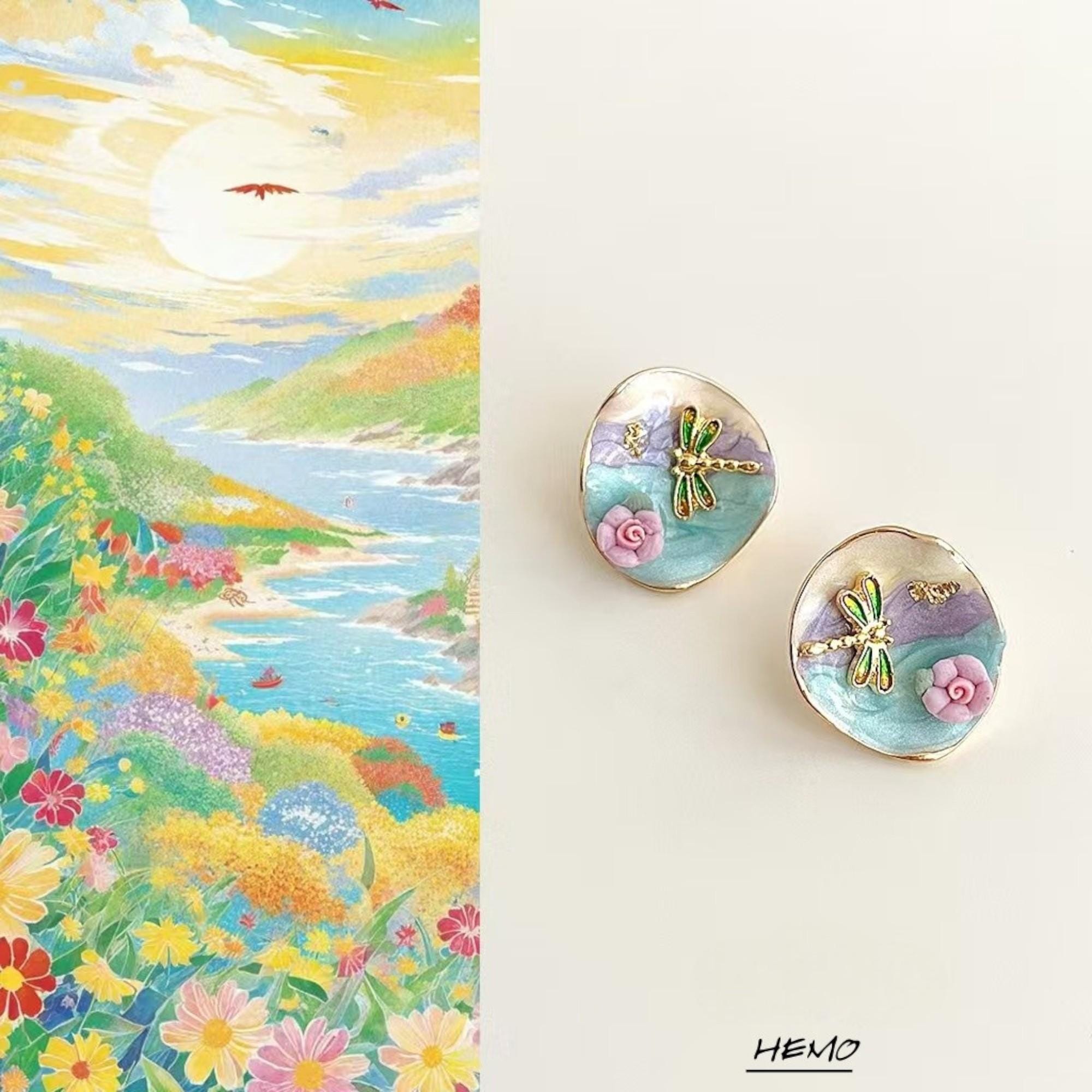 Monet Dragonfly Enamel Earrings – Impressionist Dragonfly & Ceramic Rose Earrings