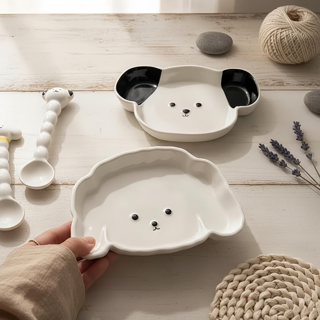 Kawaii Dog Ceramic Tableware | Puppy Shaped Plate & Spoon | Dog Lover Gift