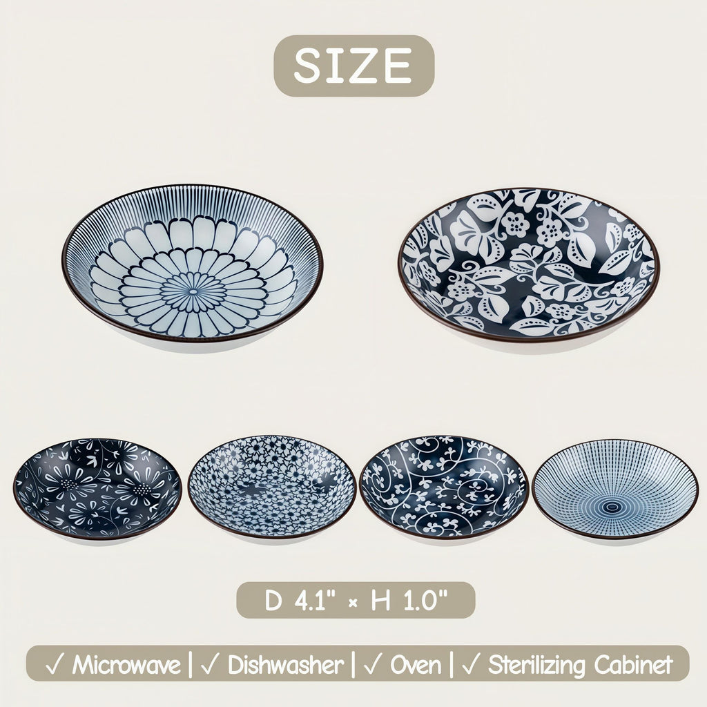 Blue & White Japanese Sauce Dishes Set of 6 | 4.1" Ceramic Dipping Bowl | Floral Pattern Dish