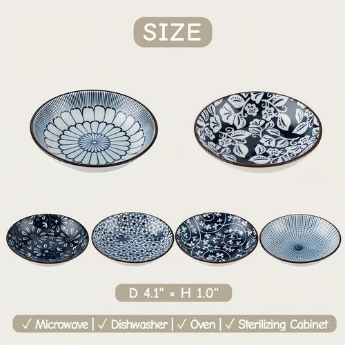Blue & White Japanese Sauce Dishes Set of 6 | 4.1" Ceramic Dipping Bowl | Floral Pattern Dish