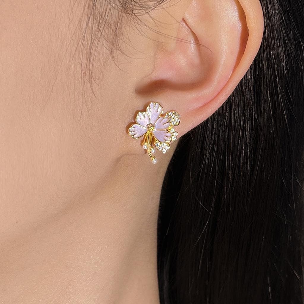 Hand-Enameled Lilac Earrings – Floral Pearl Drop Earrings