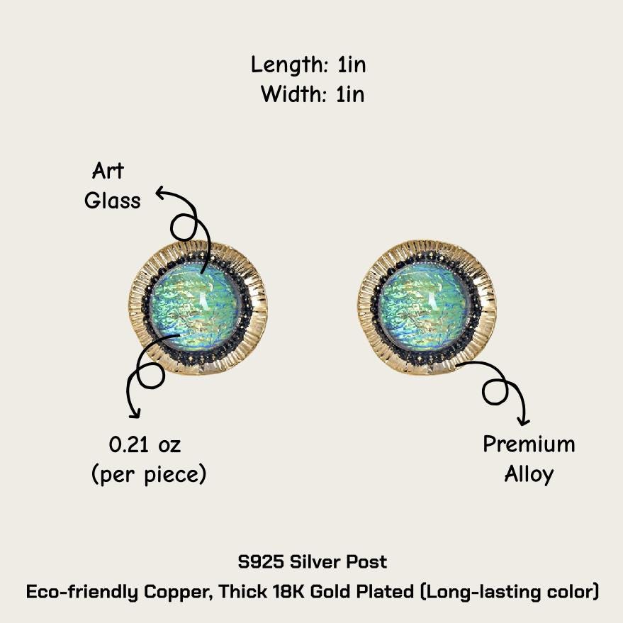 Vintage Gold Foil Glass Stud Earrings – Round Art Glass Statement Earrings
